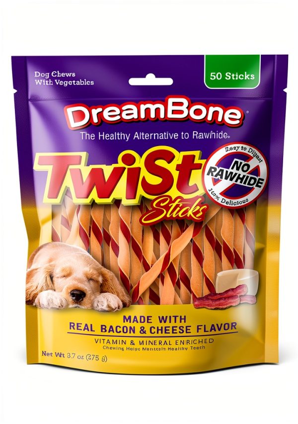 Dreambone Twist Sticks with Real Bacon and Cheese Flavor 50 Count, Rawhide-Free Chews for Dogs (3 Pack)-1
