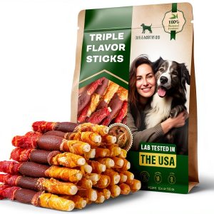 Dog Treats Rawhide Sticks Wrapped with Chicken 10.6 oz Pet Natural Chew Treats - Grain Free Meat & Human Grade Dried Snacks - Best for Small & Large Dogs (10.6 Ounce (Pack of 1), Triple Sticks)-0
