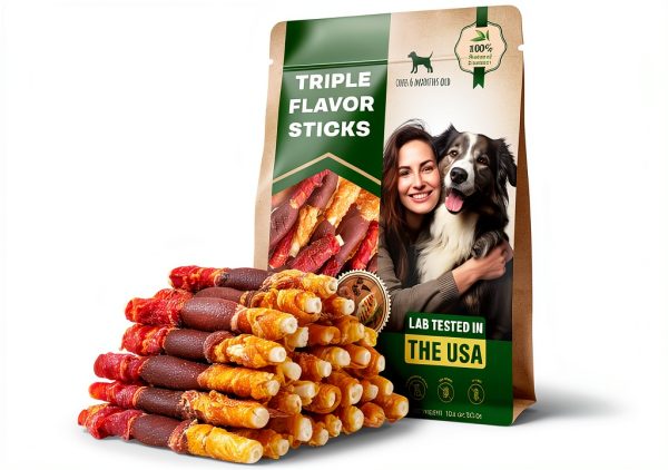 Dog Treats Rawhide Sticks Wrapped with Chicken 10.6 oz Pet Natural Chew Treats - Grain Free Meat & Human Grade Dried Snacks - Best for Small & Large Dogs (10.6 Ounce (Pack of 1), Triple Sticks)-0