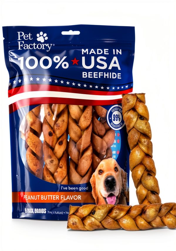 Pet Factory 7in Braided Beefhide Dog Chew Sticks Peanut Butter 6 Pack-0